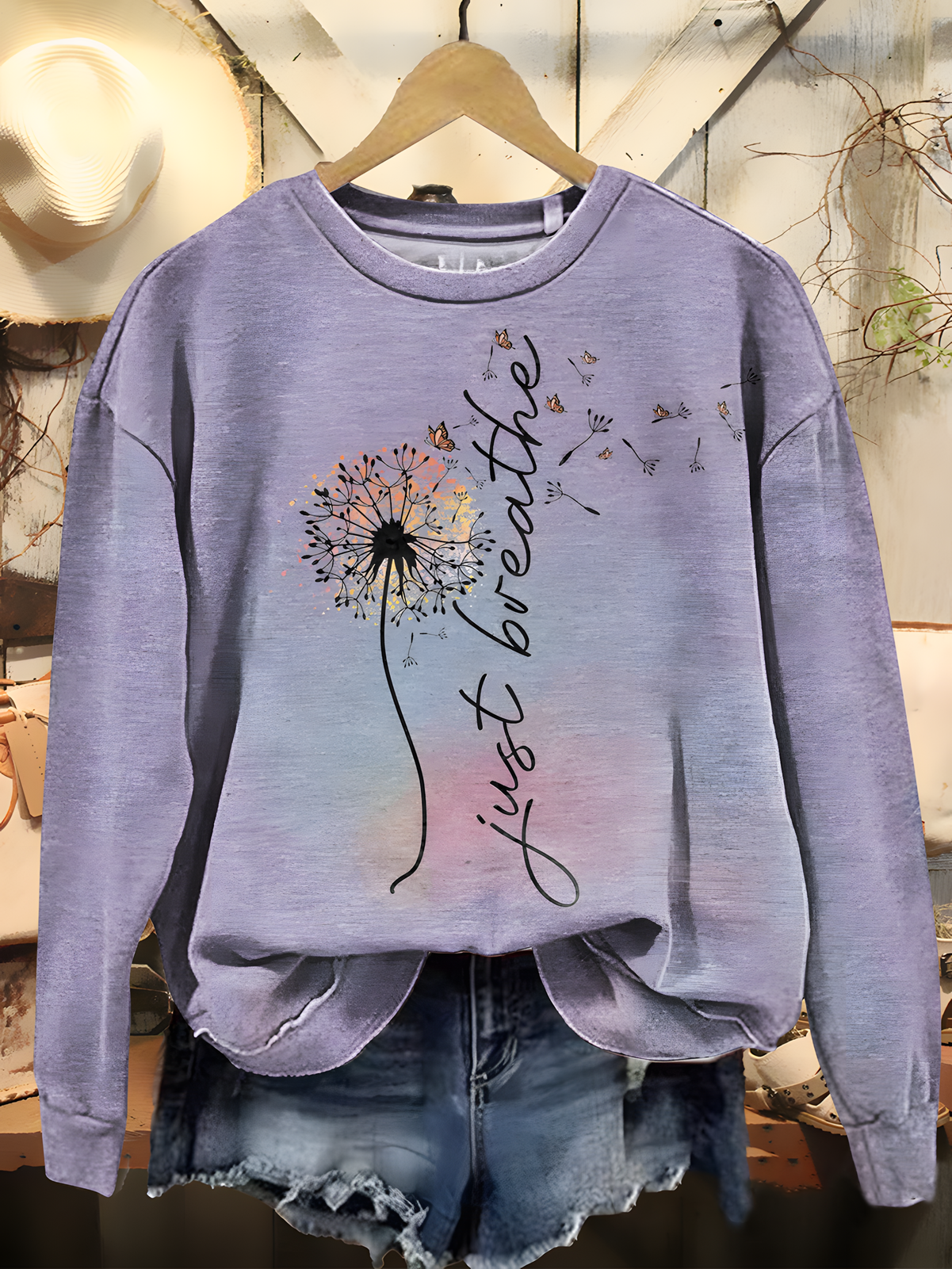 Just Breathe Dandelion Art Printed Long Sleeve Casual Top