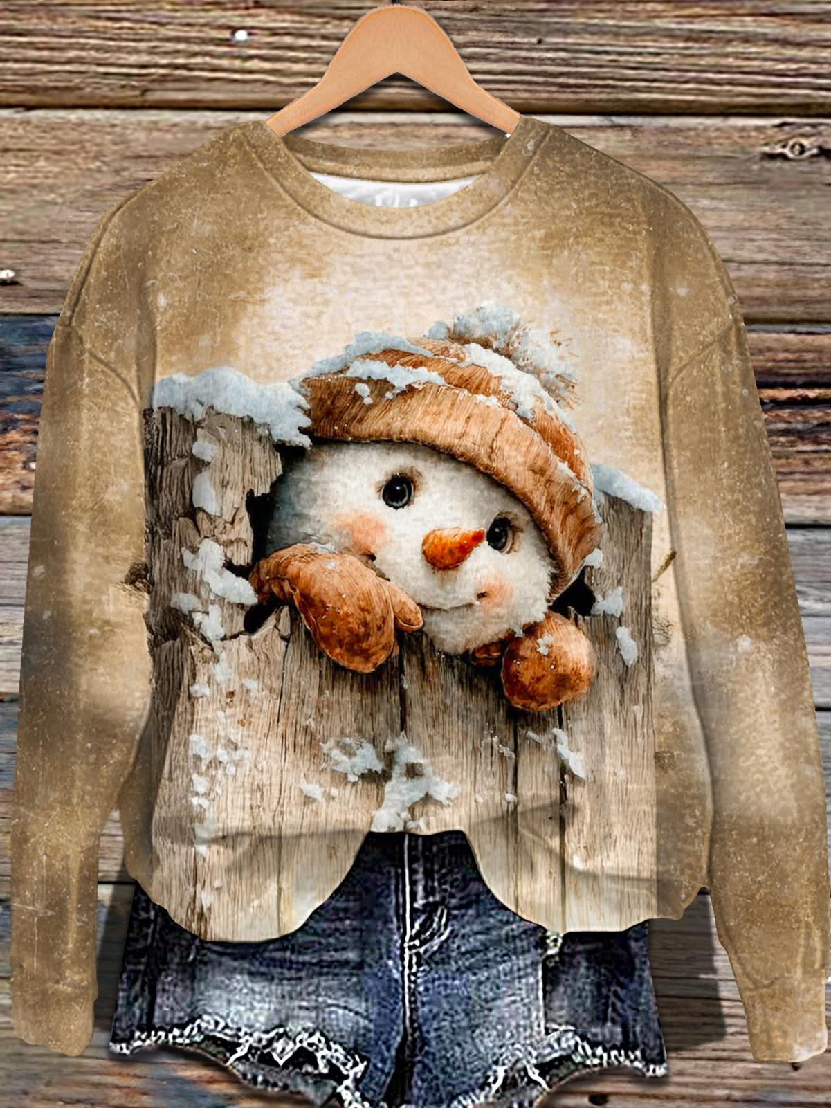 Retro Fun Snowman Printed Long Sleeve Casual Top