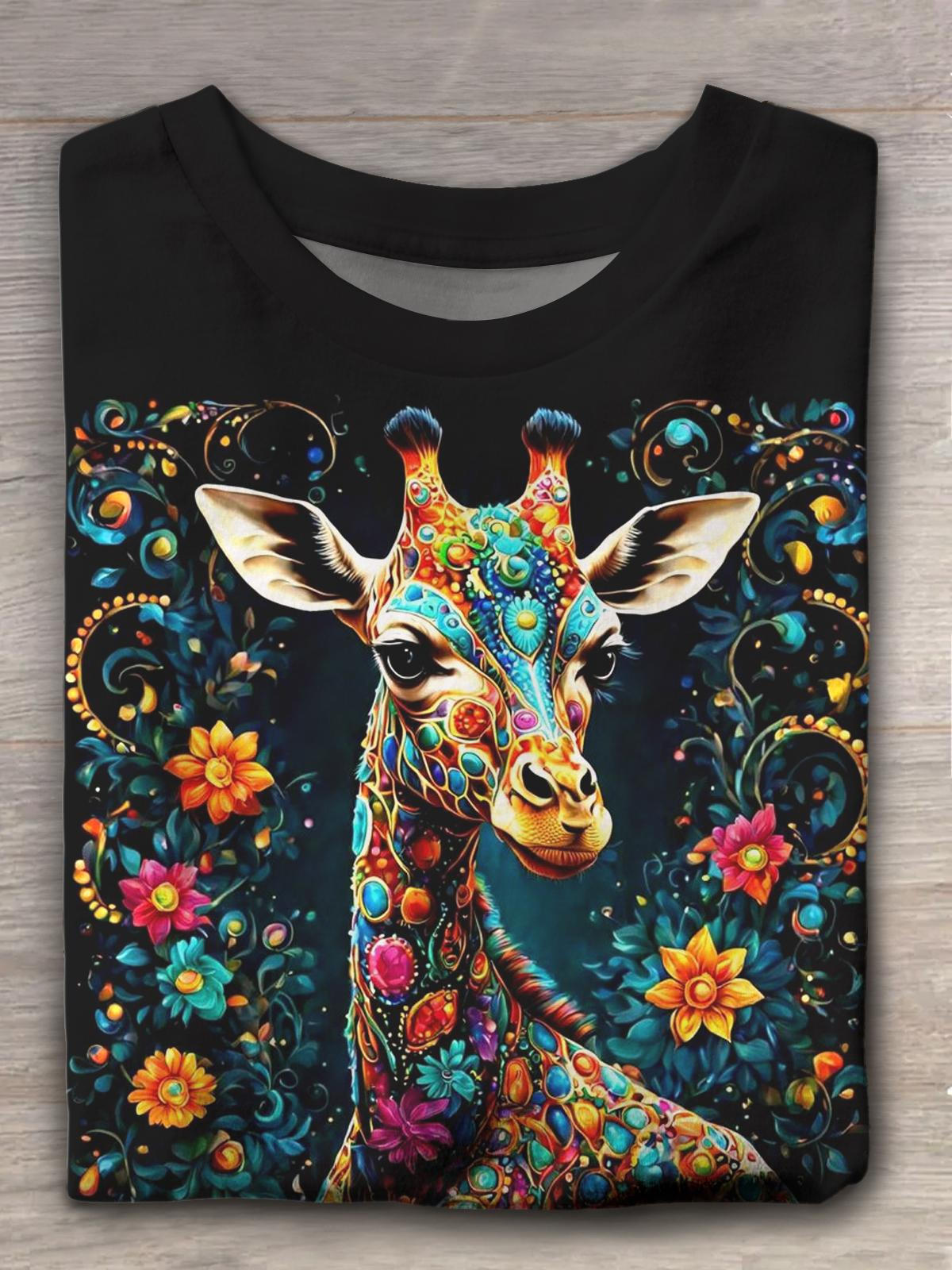 Colorful Giraffe Floral Crew Neck T-shirt