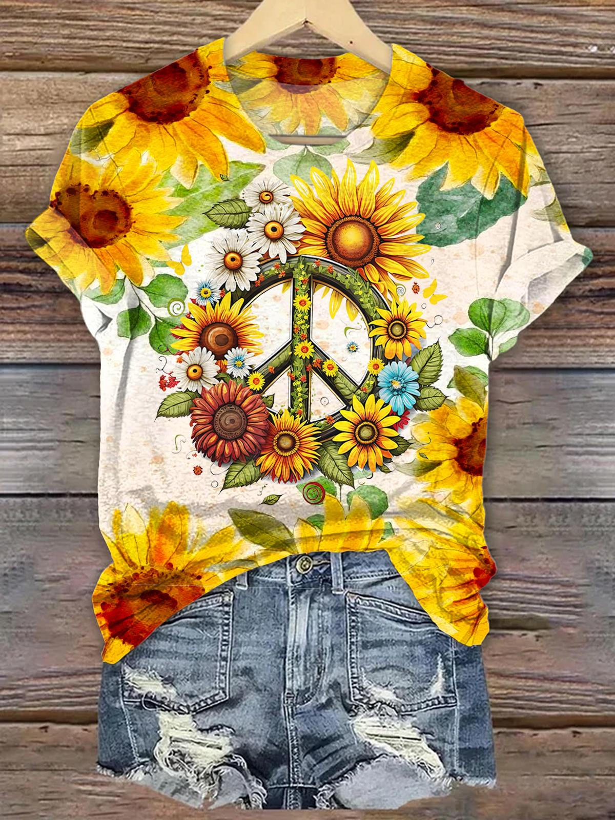 Hippie Sunflower Print Crew Neck T-shirt
