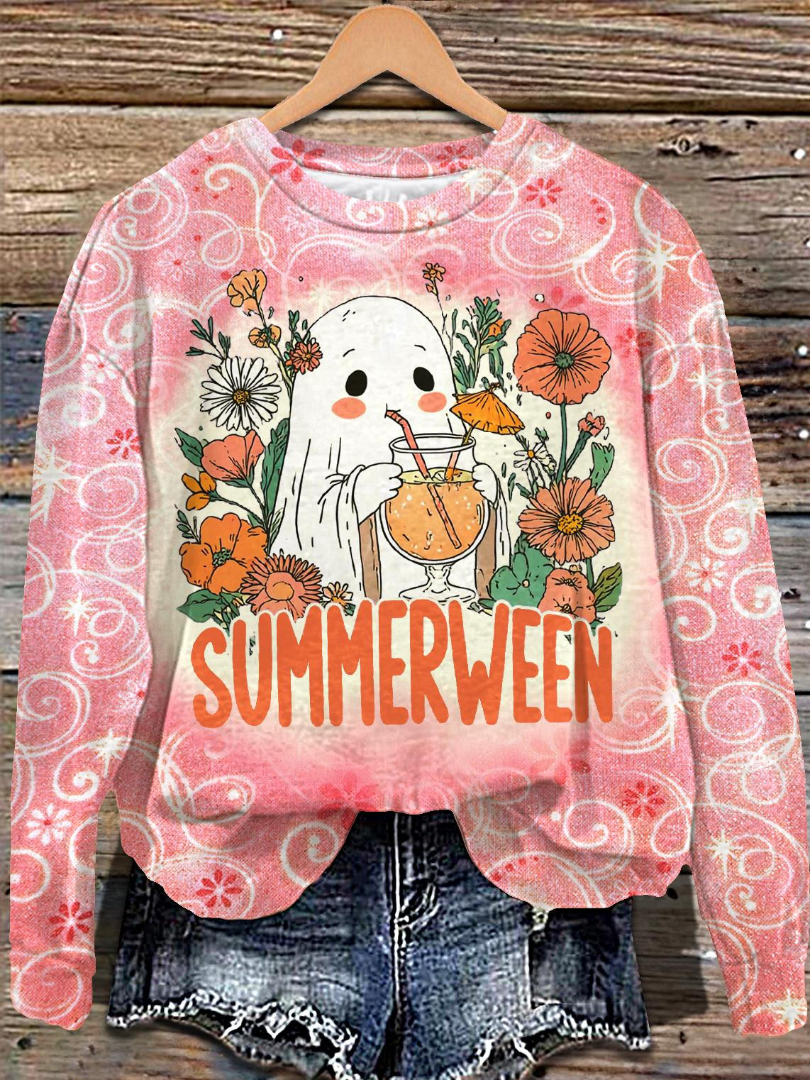 Fall Halloween Ghost Print Long Sleeve Casual Top