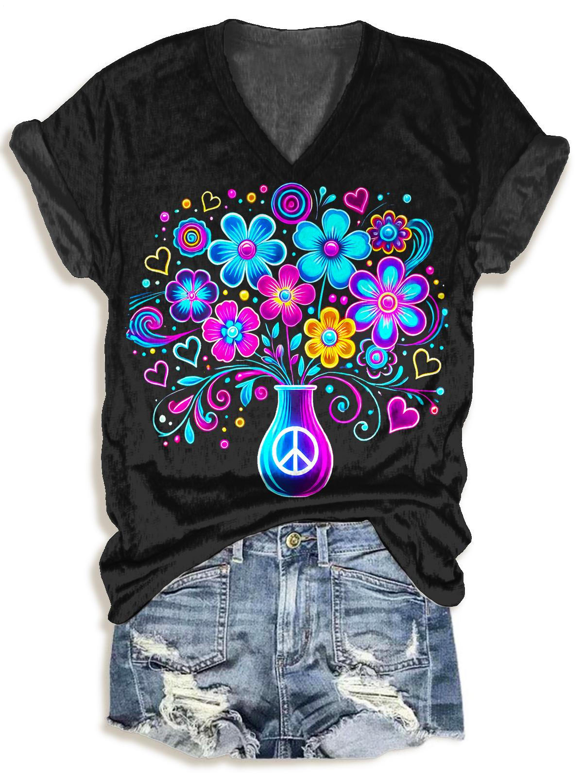 Hippie Floral V-neck T-Shirt