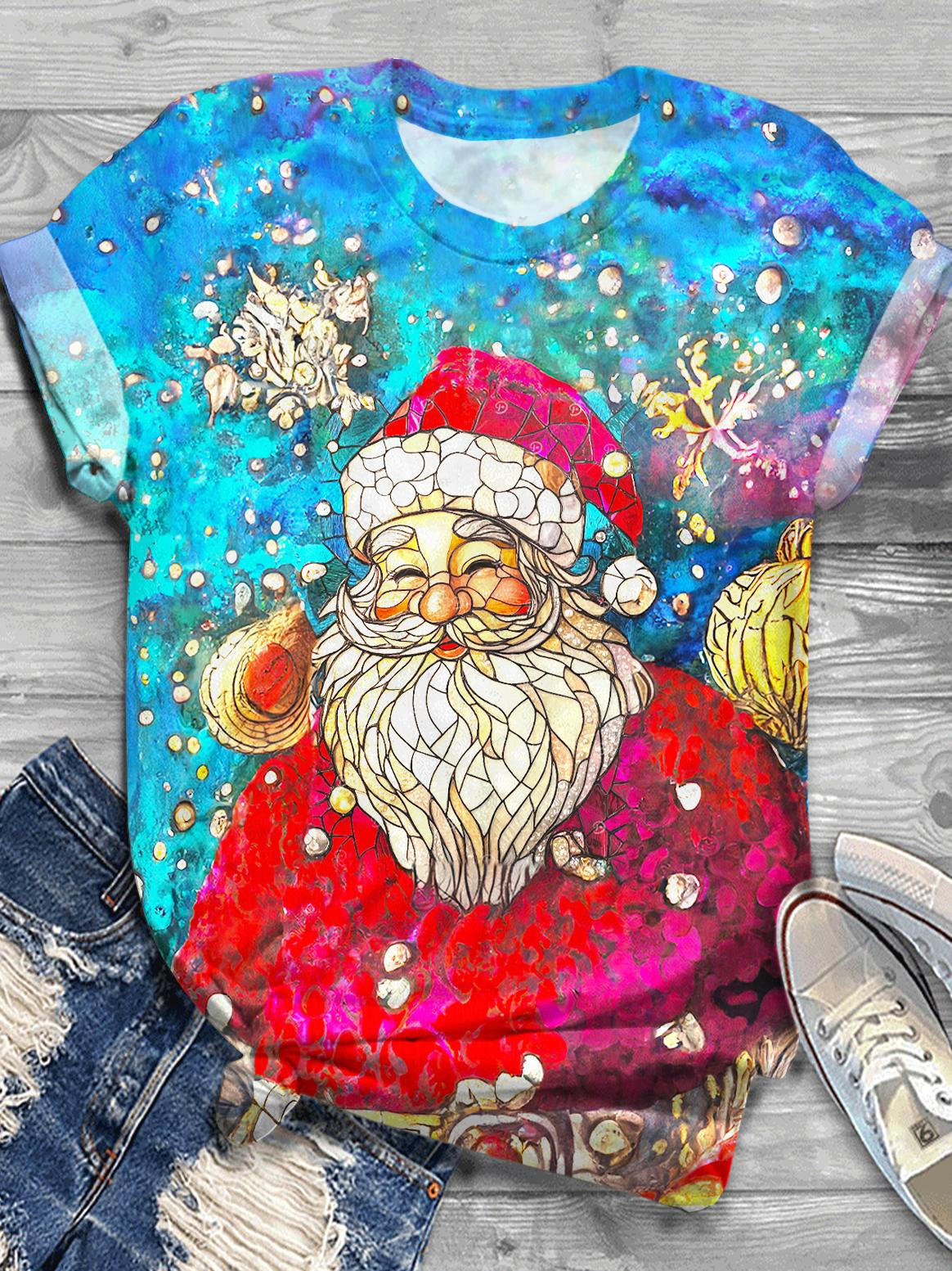 Christmas Santa Claus Printed Crew Neck T-shirt