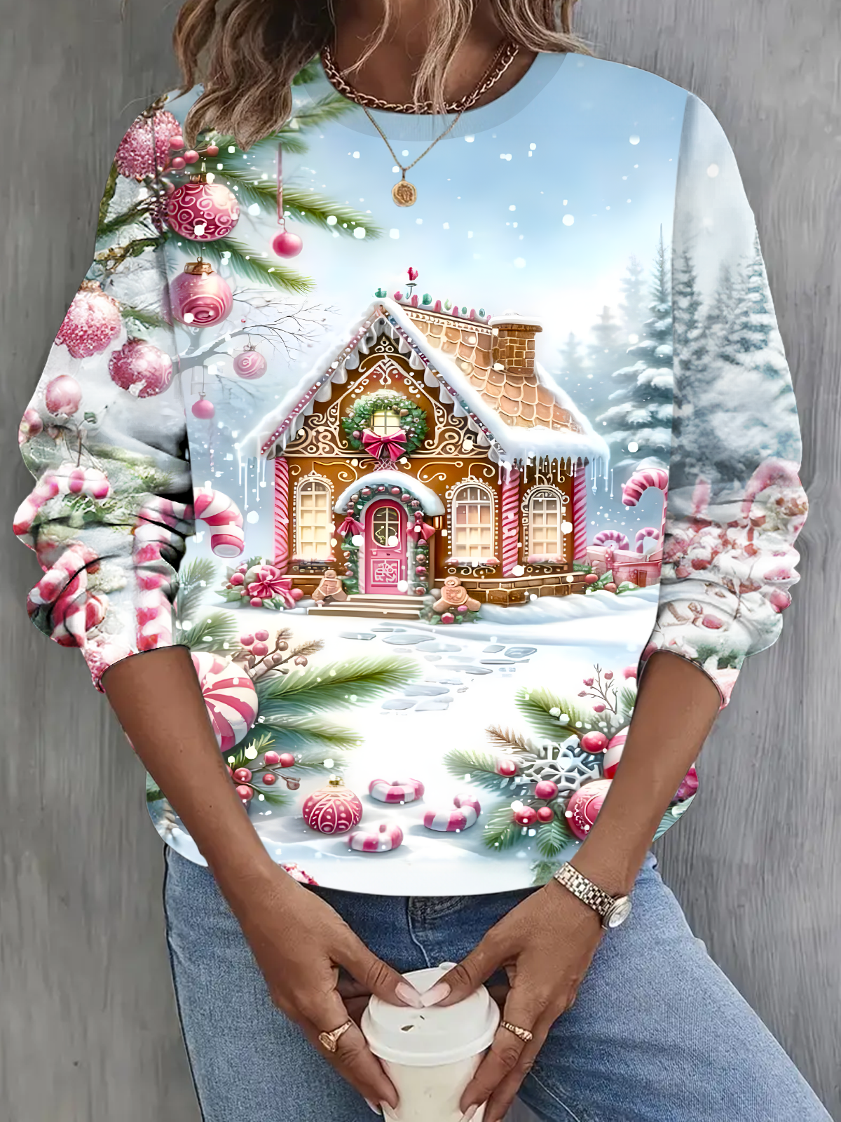 Christmas Gingerbread House Holiday Long Sleeve Casual Top