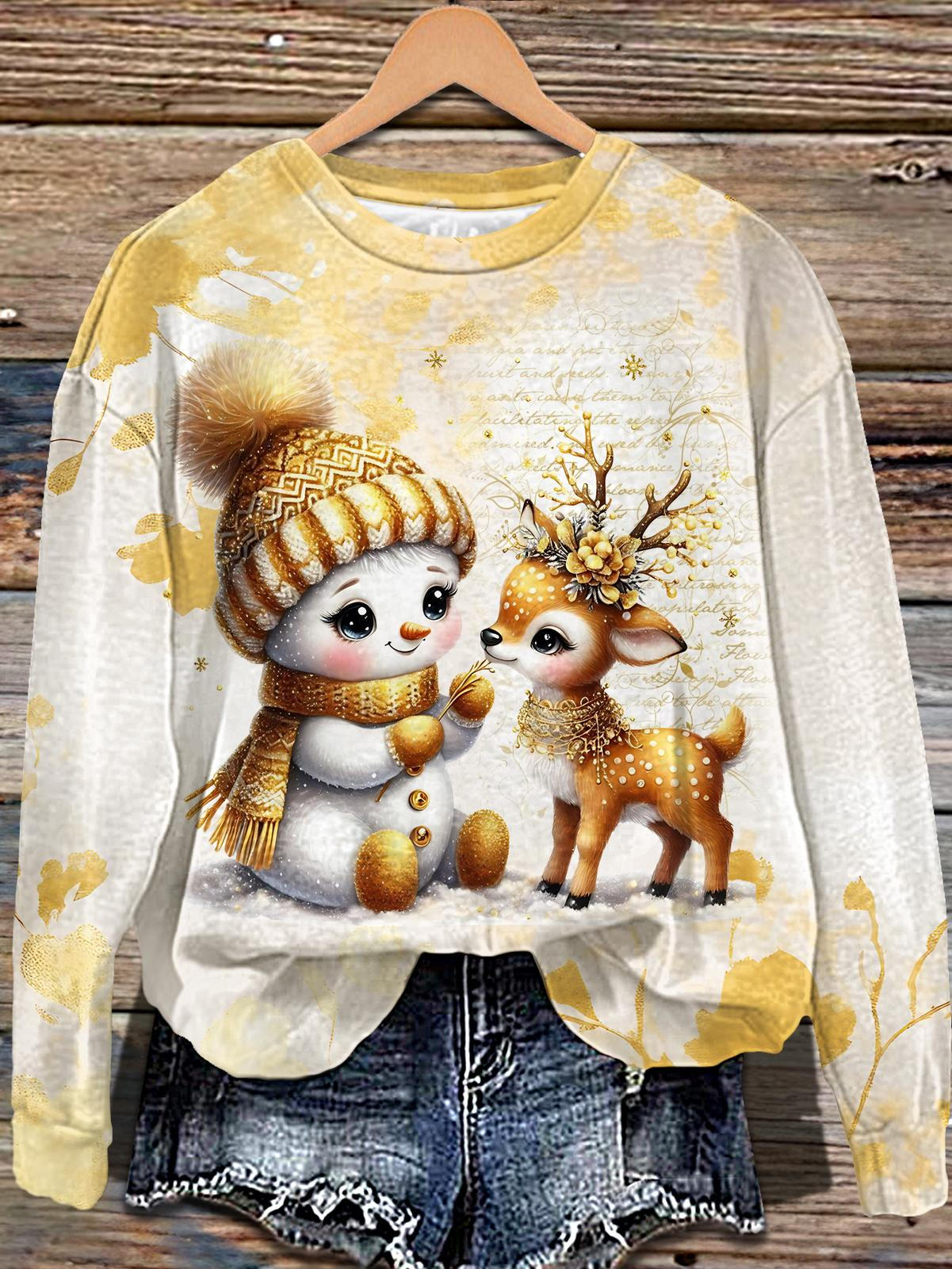 Cute Snowman and Elk Printed Long Sleeve Casual Top