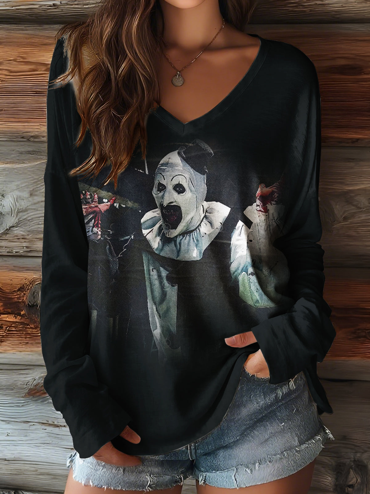 Halloween Evil Clown Print V-neck Long Sleeve Top