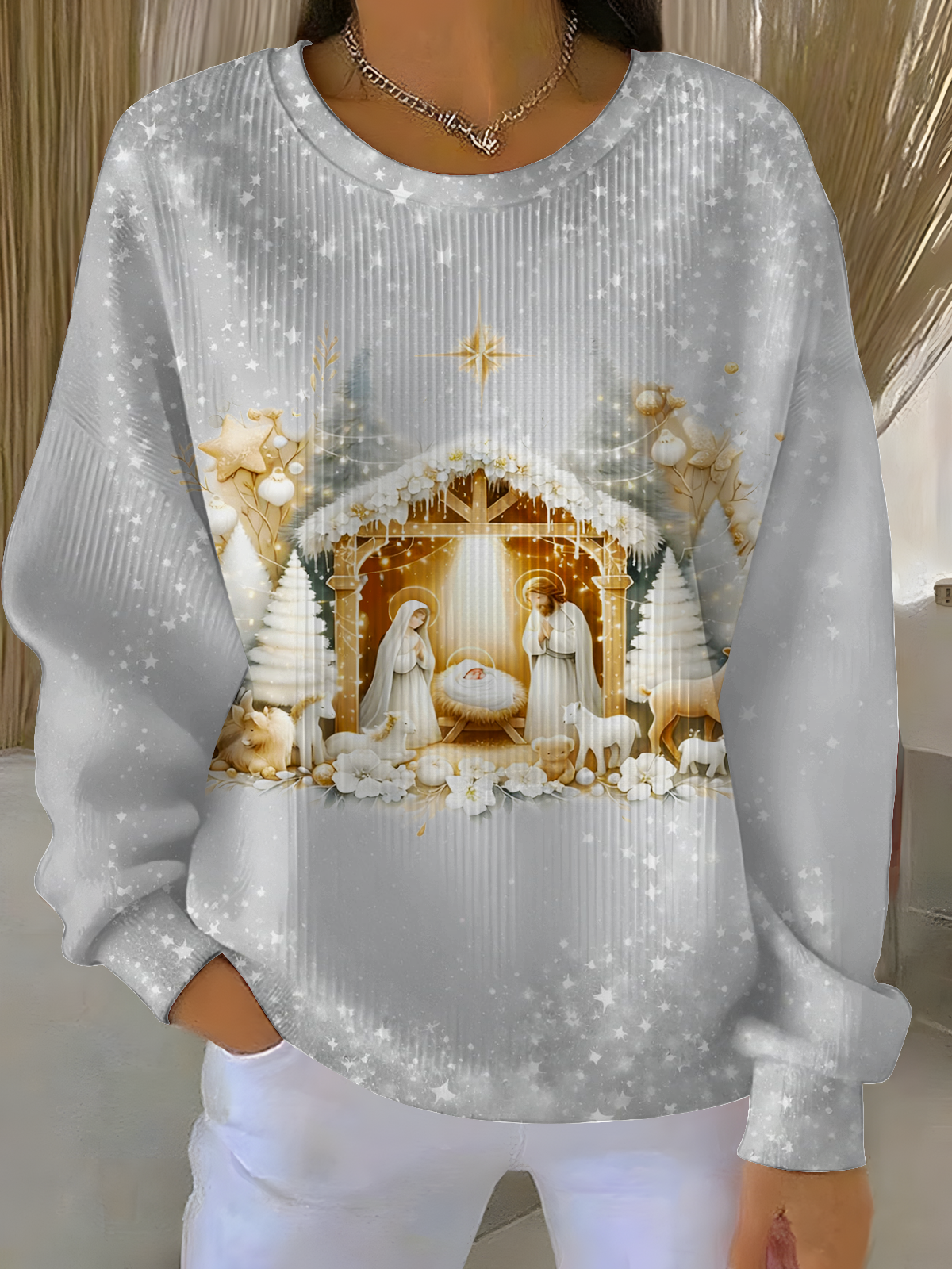 Nativity Scene Christmas Print Casual Crew Neck Pullover Sweater