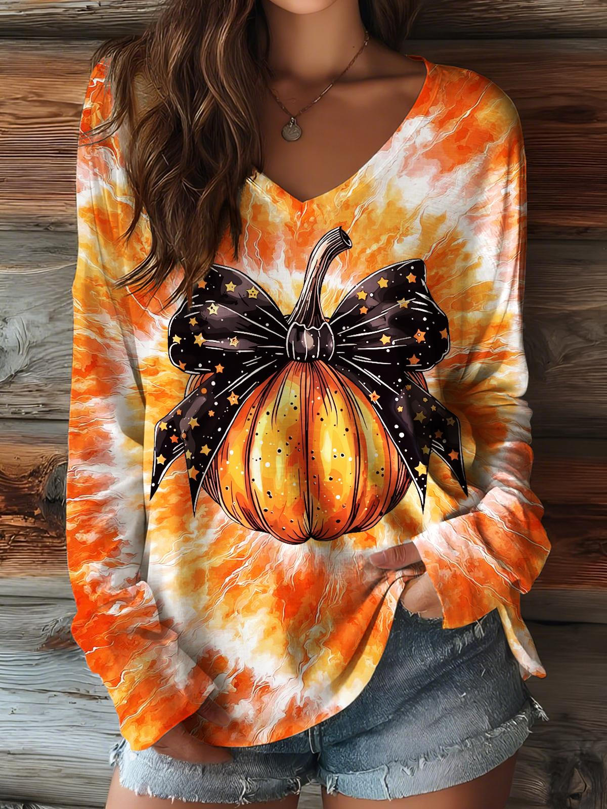 Autumn Pumpkin Print V-neck Long Sleeve Top