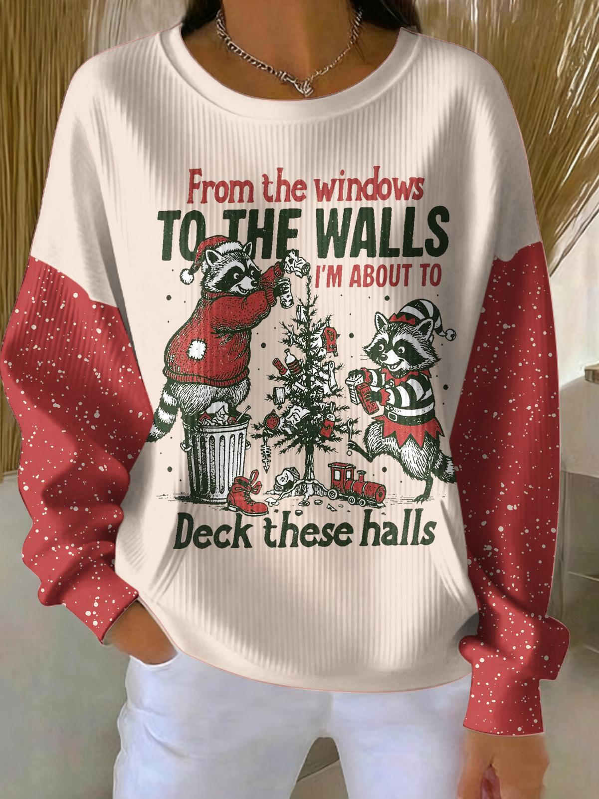 Women's Funny Raccoon Christmas Printed Crew Neck Pocket Sweatshirt