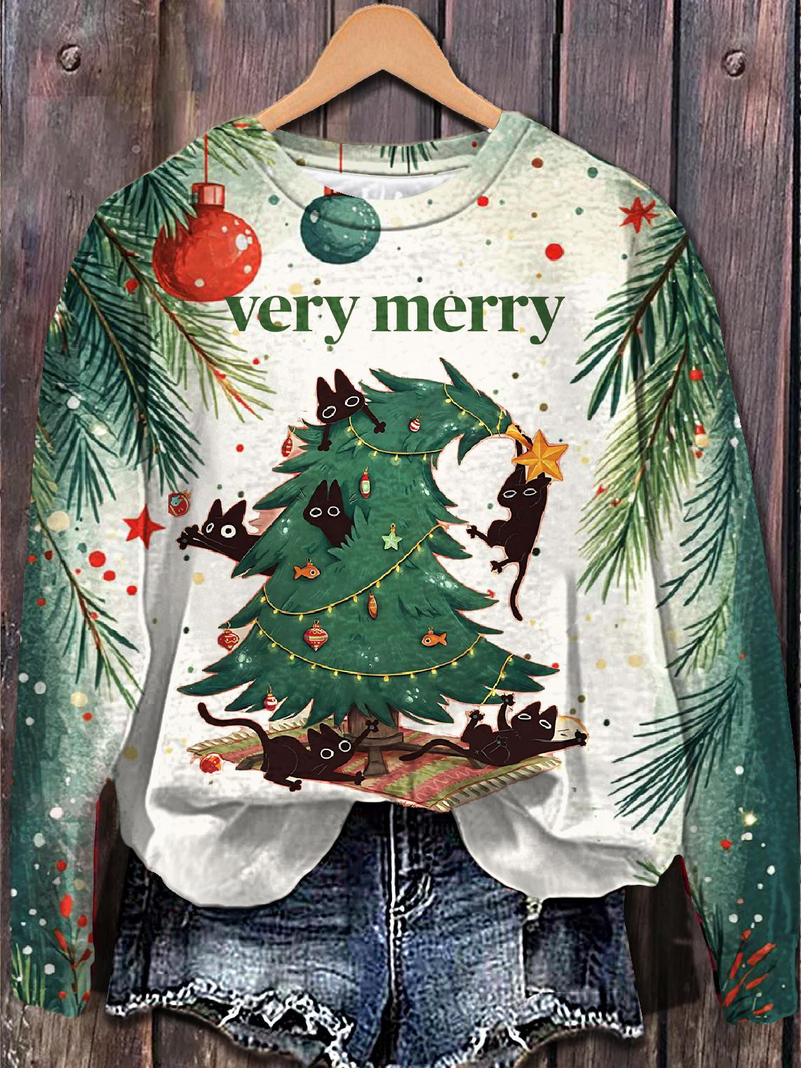 Very Merry Printed Long Sleeve Casual Top