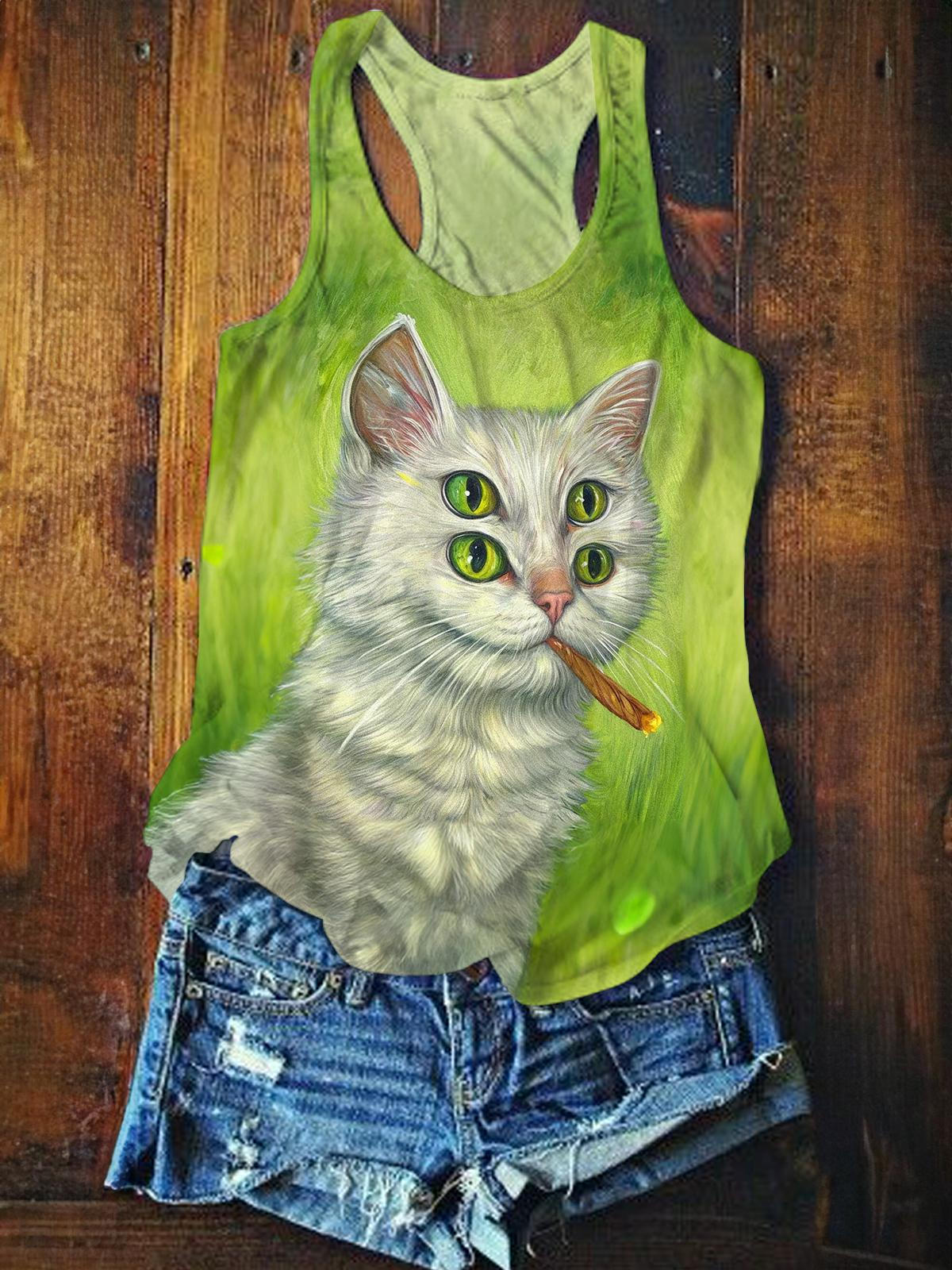 Stoner Cat Printed Casual Tank Top