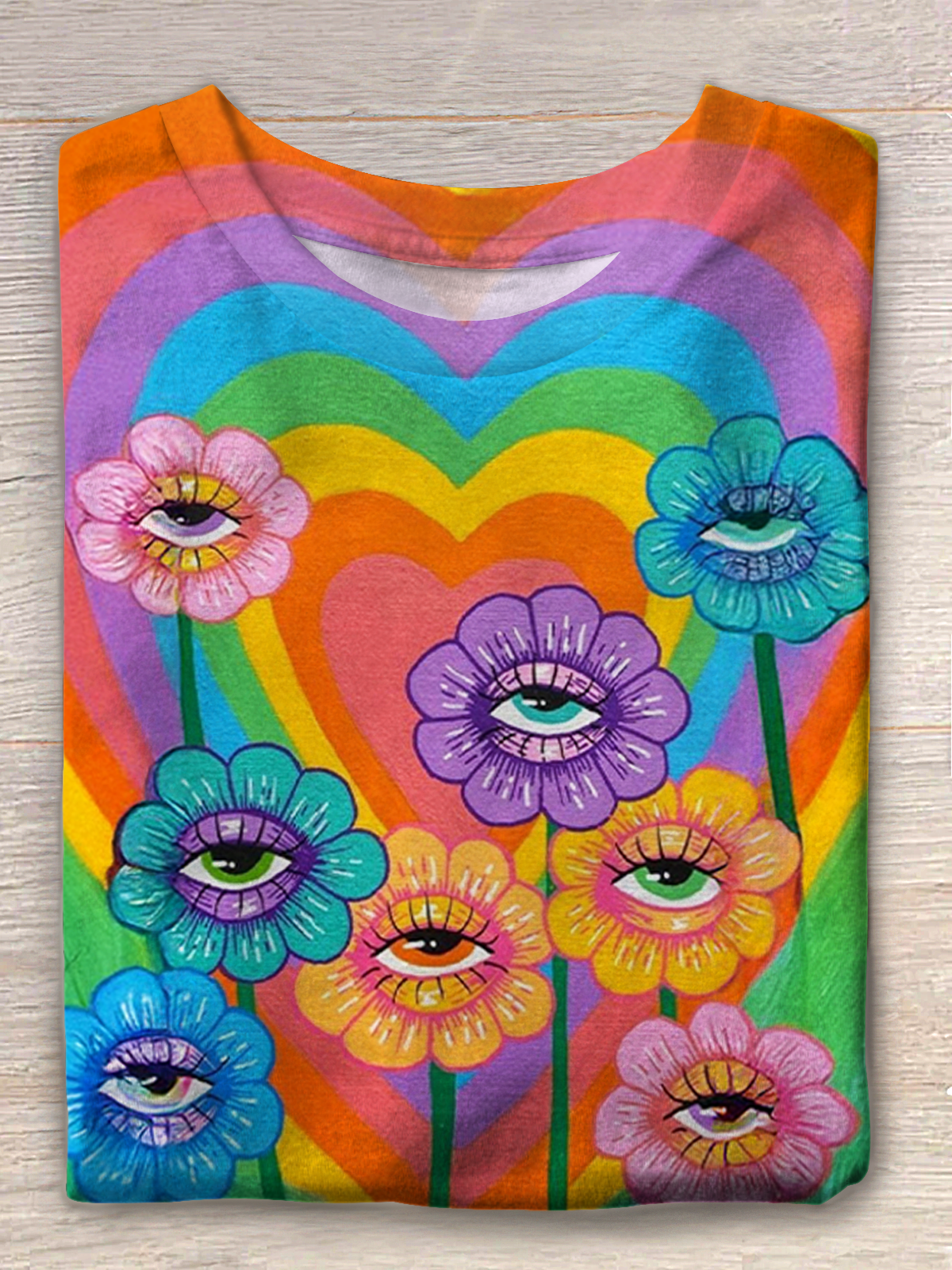 Retro Abstract Floral Love Crew Neck T-shirt