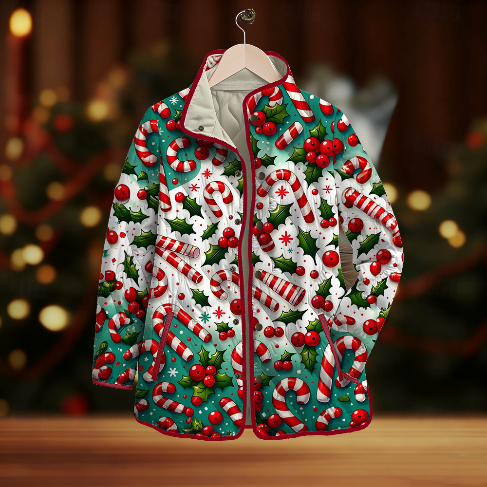 Women's Vintage Christmas Candy Canes Cotton Jacket