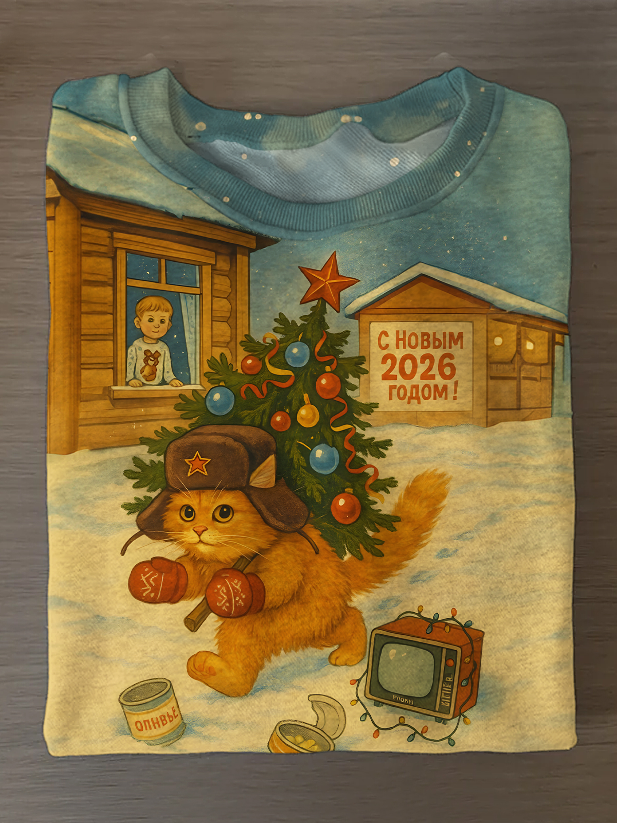 Retro Funny Christmas Cat 2026 Printed Long Sleeve Casual Top