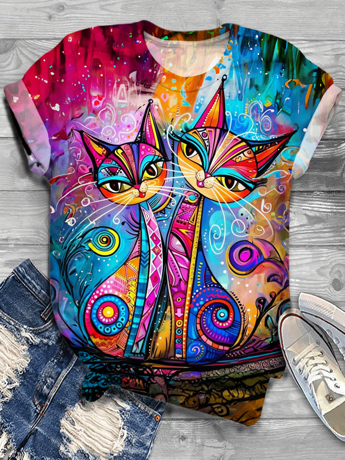 Vintage Boho Cat Art Crew Neck T-shirt
