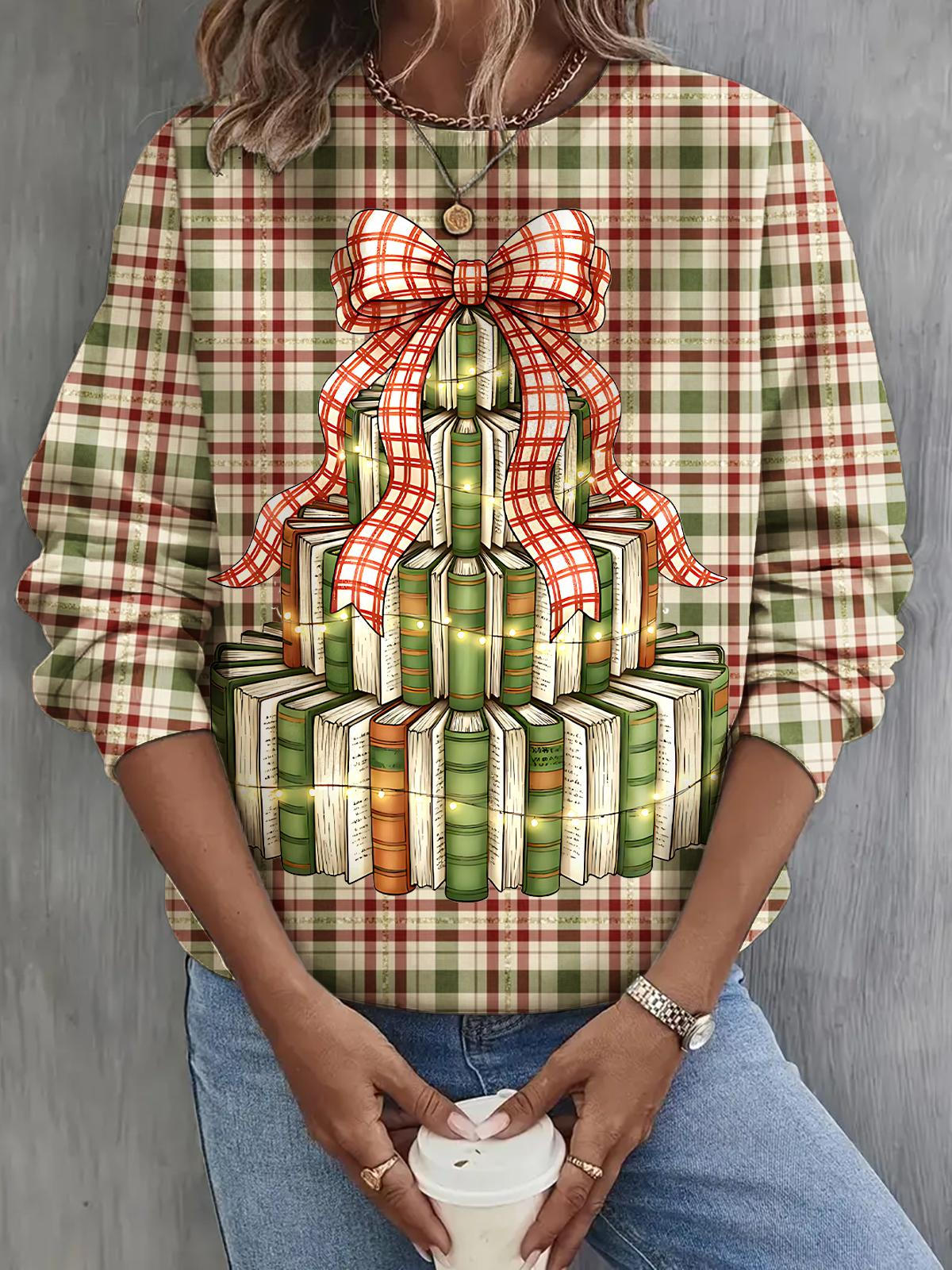 Christmas Book Christmas Tree Long Sleeve Casual Top