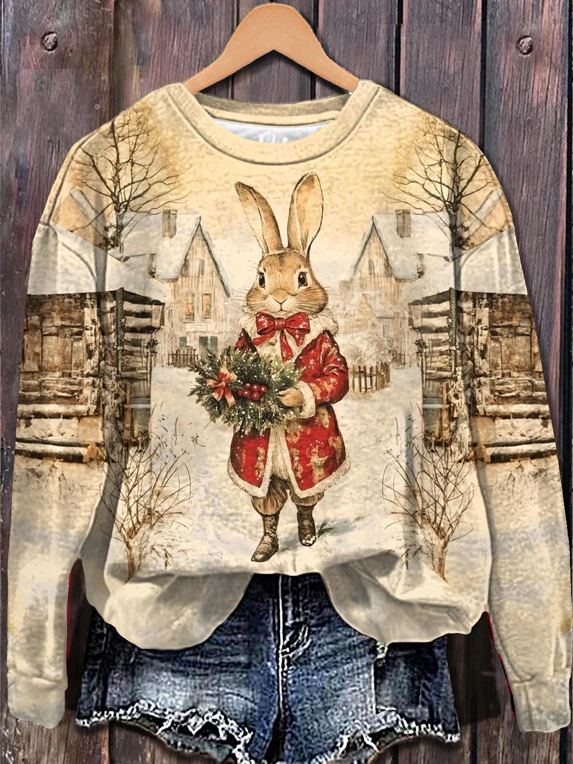 Winter Christmas Bunny Printed Long Sleeve Casual Top