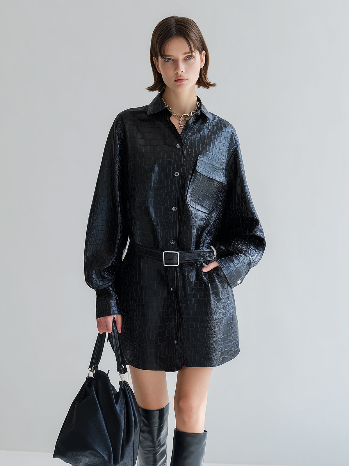 Taidalw Chic Vintage Black Crocodile PU Lapel Single-Breasted Long Sleeve Belted Oversized Mini Shirt Dress