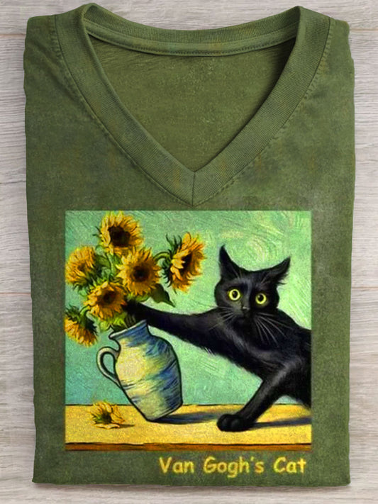 Van Gogn's Cat Art Print V-neck Casual T-Shirt