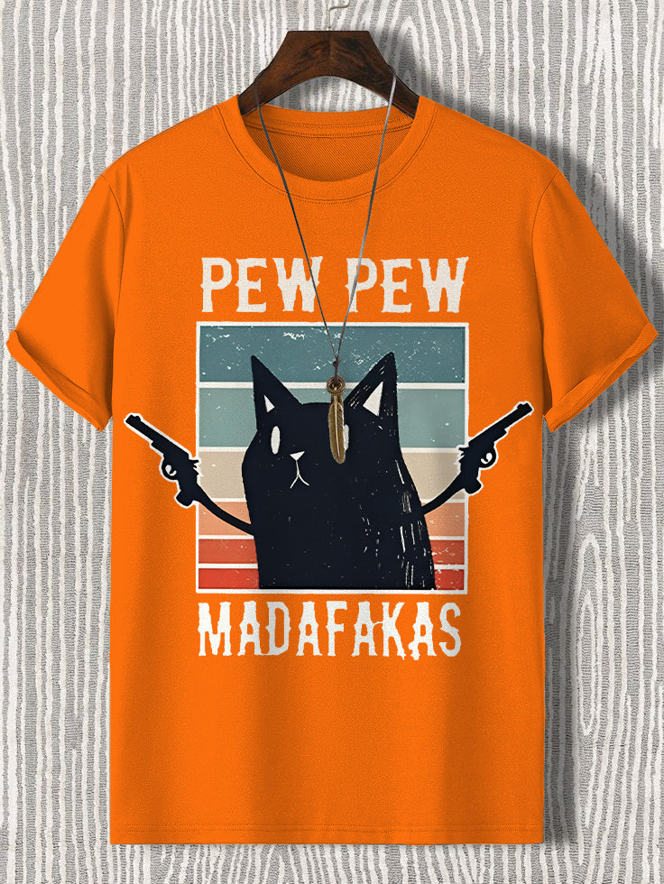 100% Cotton Pew Pew Madafakas Funny Cat Print Casual T-Shirt