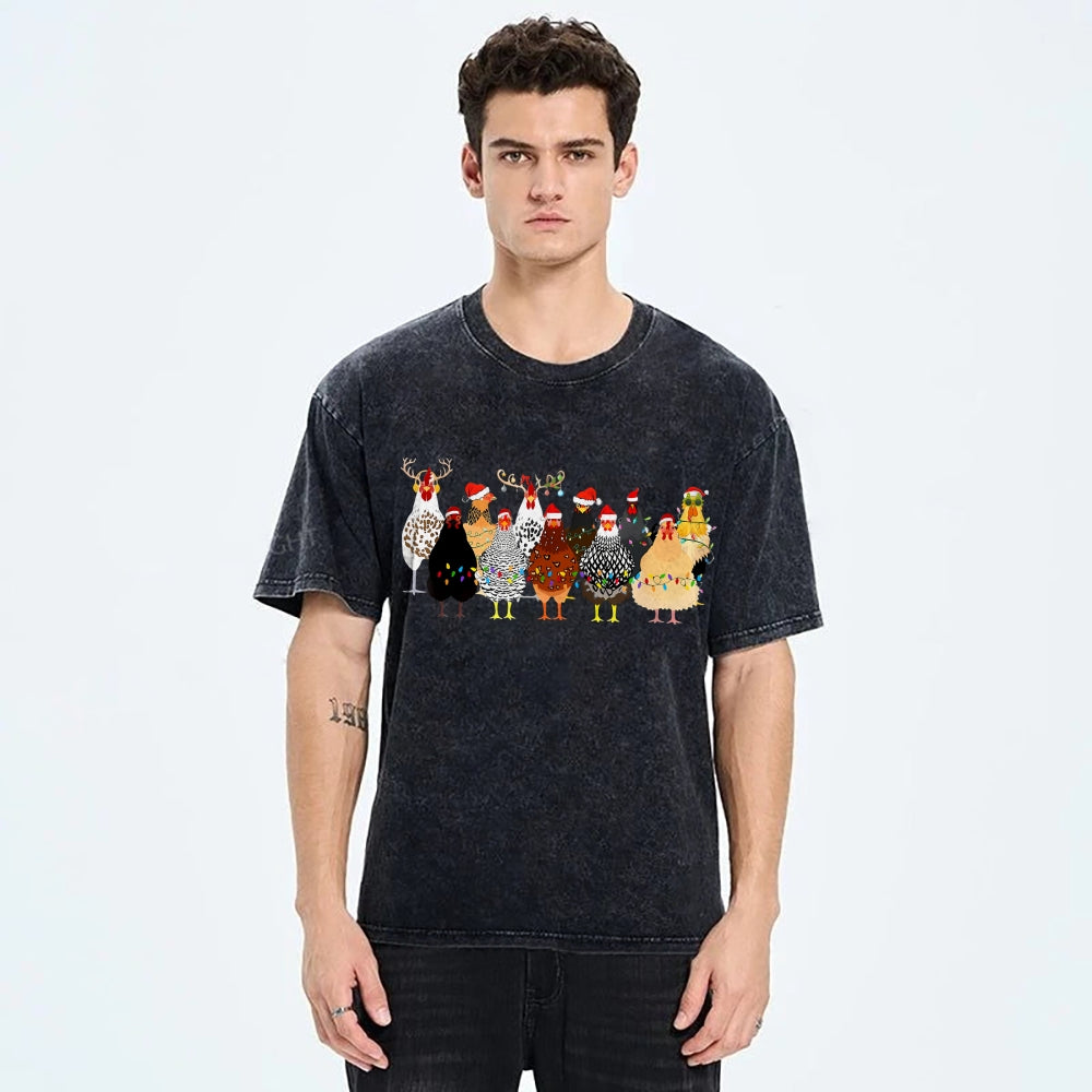 Unisex Christmas Chicken Printed Washed Tee