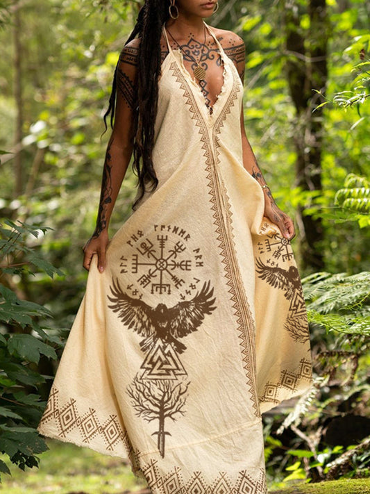 Tribal Viking Bird Tree Of Life National Totem Sling Cotton And Linen Maxi Dress