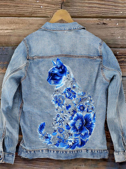 Floral Cat Art Print Casual Denim Jacket