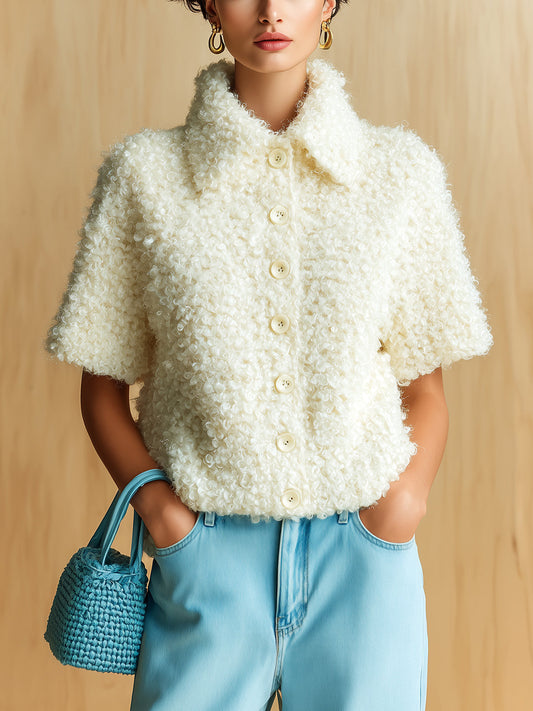 Taidalw Chic Vintage Cream White Lapel Single-Breasted Short-Sleeve Loose Fuzzy Knit Cardigan