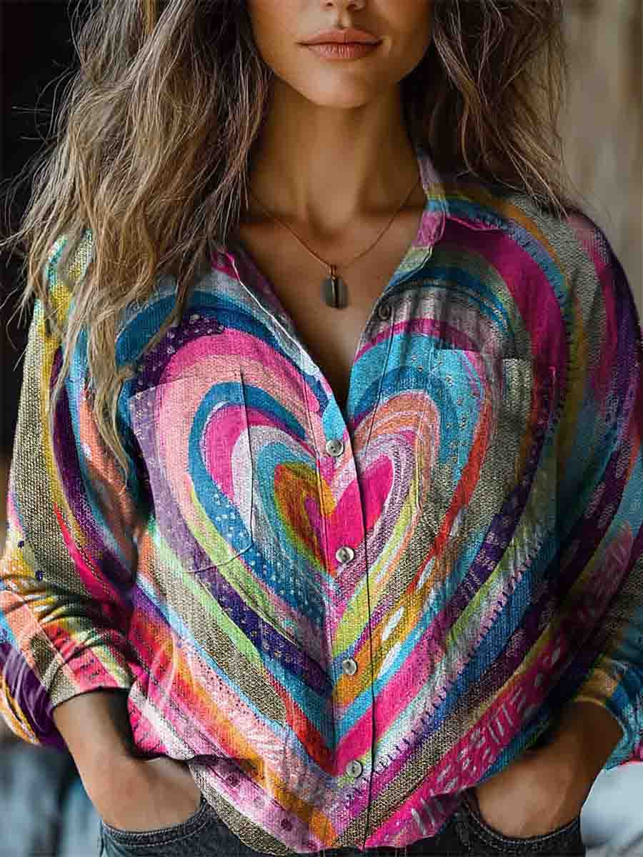 Women's Colorful Heart Pattern Printed Casual Long Sleeve Comfortable Cotton Shirt