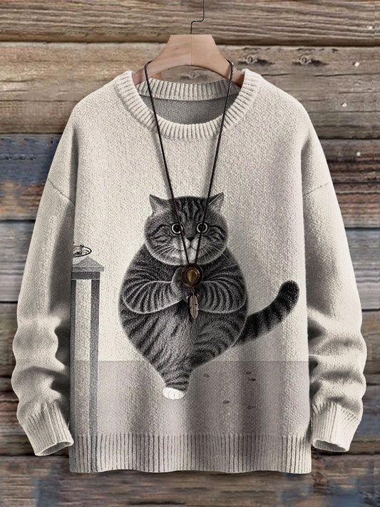 Yoga Cat Art Print Knit Pullover Sweater