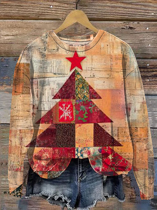 Vintage Christmas Tree Patchwork Art Print Casual Sweatshirt