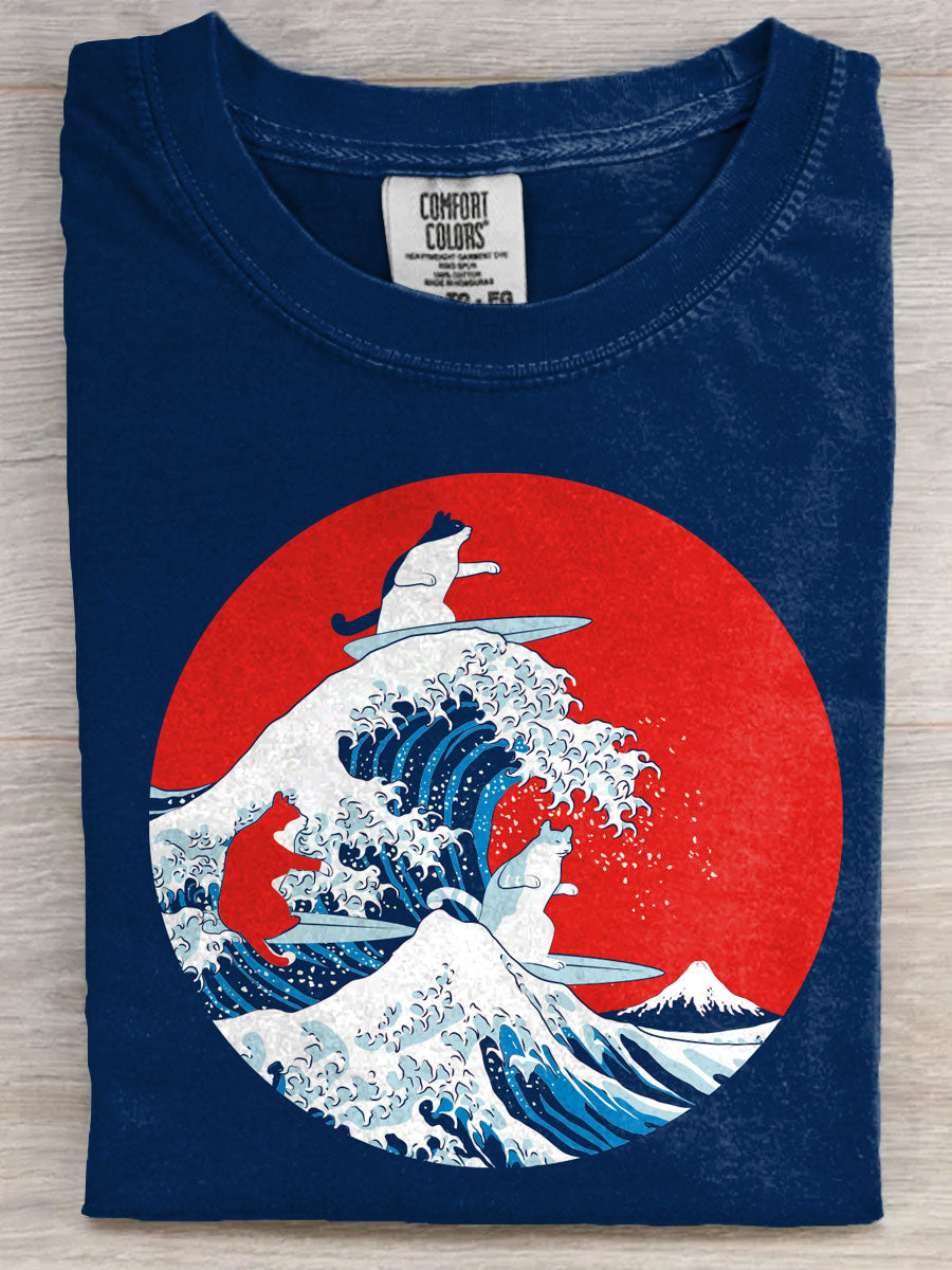 Big Wave Cats Art Print Casaul Short Sleeve T-shirt