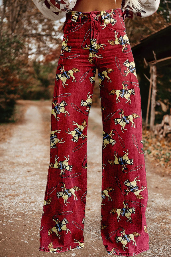 Retro Western Cowboy Print Wide Leg Pants