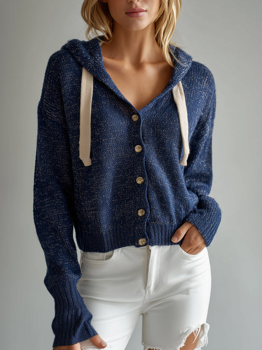 Taidalw Casual Chic Navy Hooded Single-Breasted Cropped Knitted Cardigan