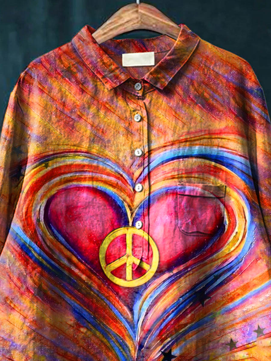 Peace And Love Heart Art Pattern Print Casual Cotton And Linen Shirt