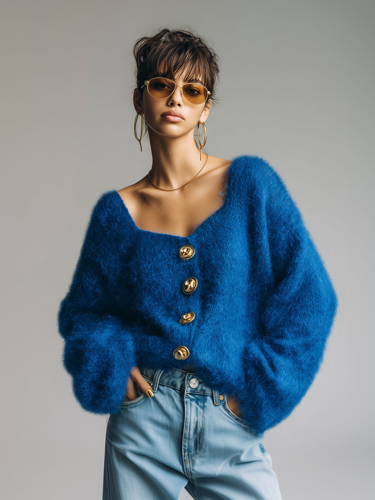 Taidalw Chic Vintage Royal Blue Square Neck Single-Breasted Long Sleeve Loose-Fit Fuzzy Knit Cardigan Top