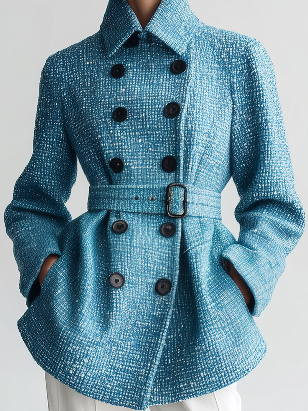 Taidalw Chic Vintage Blue Wool Blend Tweed Lapel Double-Breasted Belted Slim-Fit Short Coat