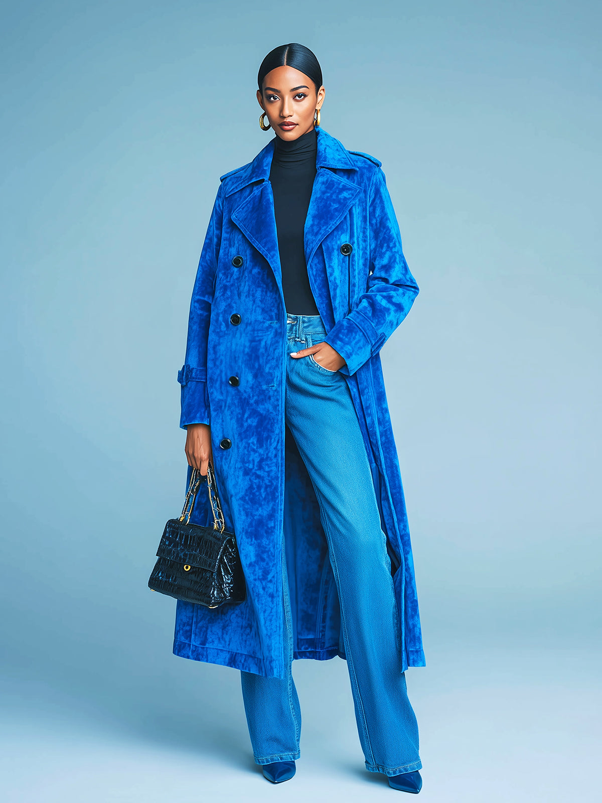 Taidalw Chic Vintage Royal Blue Velvet Lapel Double-Breasted Long Trench Coat
