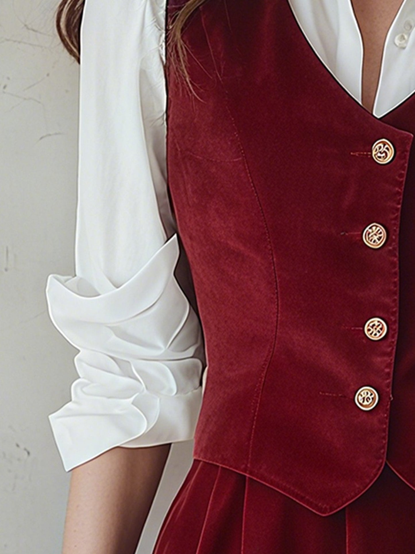 Cotton Vest, Sleeveless, V Neck, Plain, Button Design, Vintage, Green