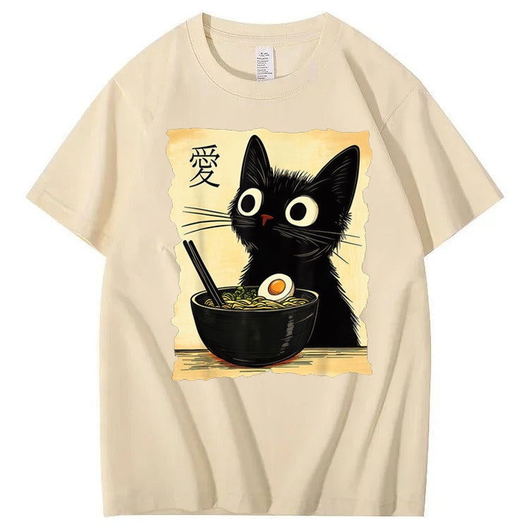 Funny Cat Ramen Graphic Tee Japanese Kawaii Anime Cat 100% Cotton T-Shirt