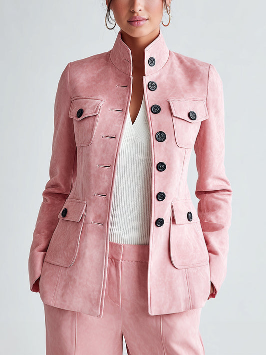 Taidalw Sophisticated Office Pink Faux Suede Stand Collar Button-Front Multi-Pocket Slim-Fit Jacket