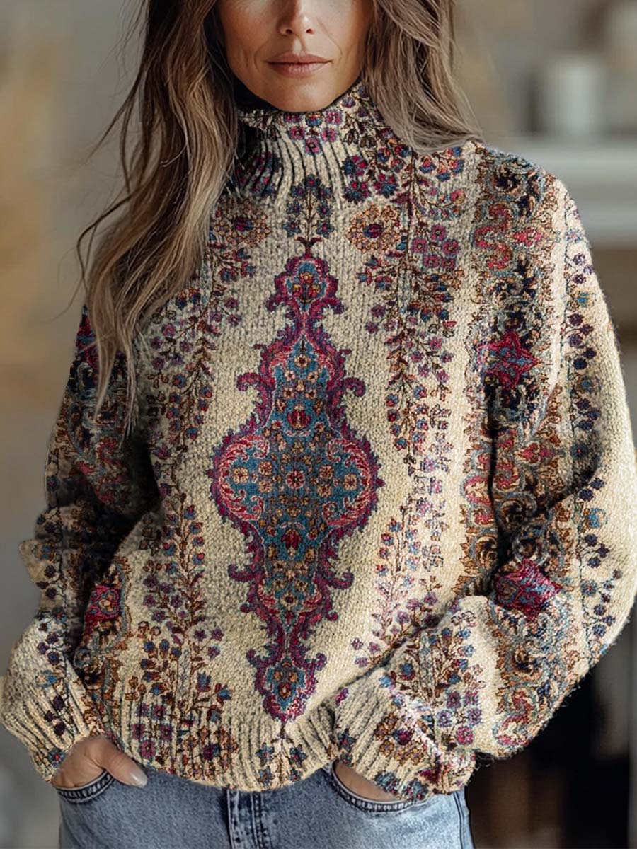 Women's Vintage Lovely Floral Art Print Knit Turtleneck Pullover Sweater