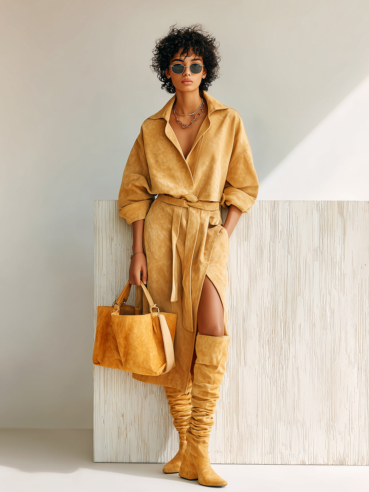 Taidalw Chic Vintage Khaki Faux Suede Lapel V-Neck Long Sleeve Oversize Belted Side Slit Midi Dress