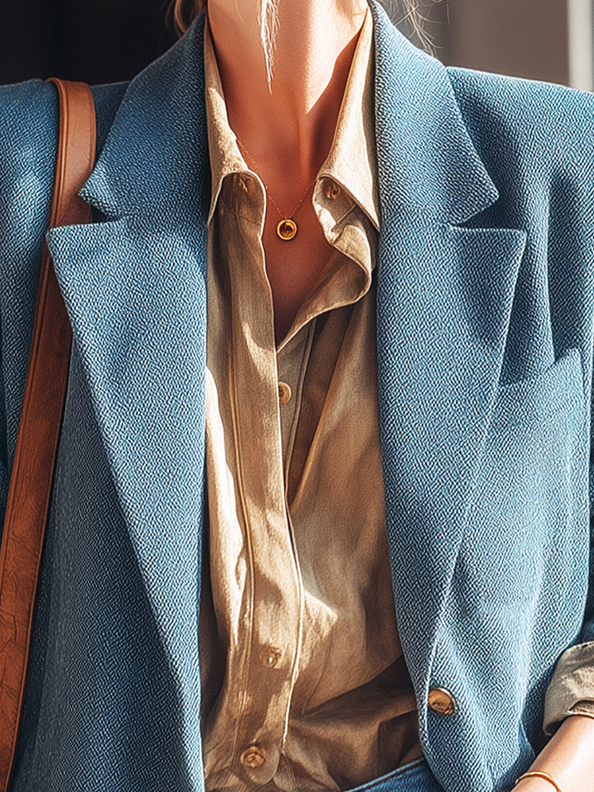 Taidalw Casual Office Blue Herringbone Wool Blend Notch Lapel Single-Breasted Oversized Blazer