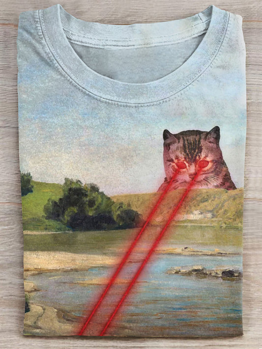 Vintage Cat with Laser Eyes Painting Art Print Casaul Short Sleeve T-shirt