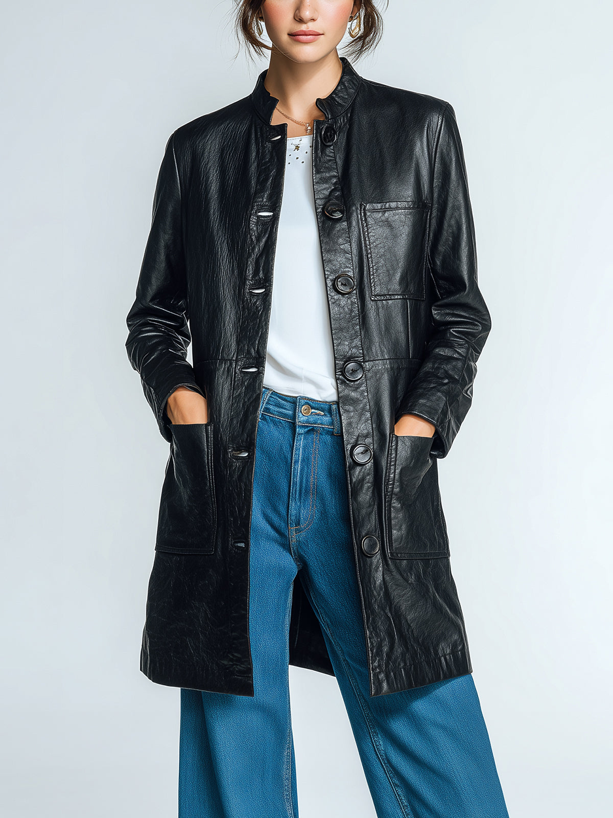 Taidalw Chic Vintage Black Faux Leather Stand Collar Single-Breasted Multi-Pocket Utility Trench Coat