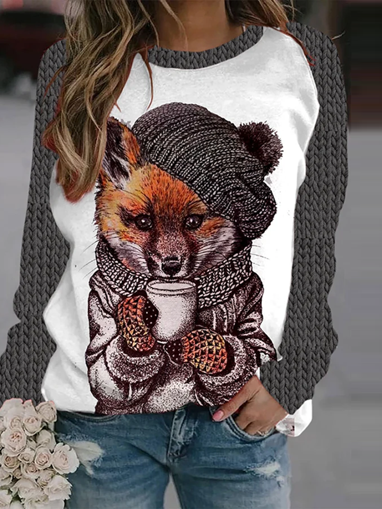 Women's Fox Coffee Print Round Neck Cozy Knit Sweater