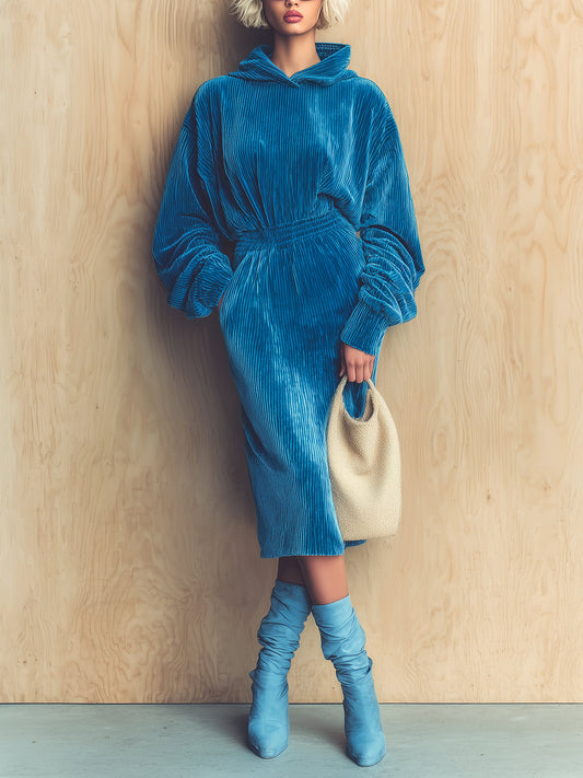 Taidalw Chic Casual Royal Blue Corduroy Hooded Lantern Sleeve Elastic Waist Loose Midi Dress