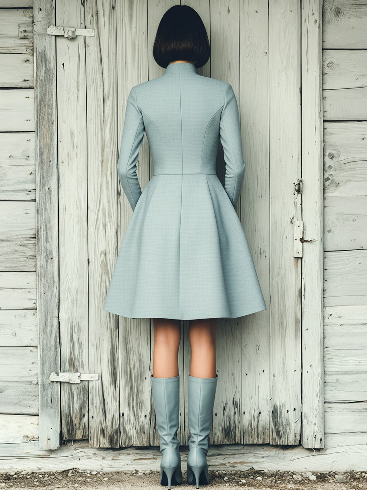 Taidalw Chic Vintage Light Blue Cotton Blend Mock Neck Zipper-Front Tailored Waist A-Line Long-Sleeve Midi Dress