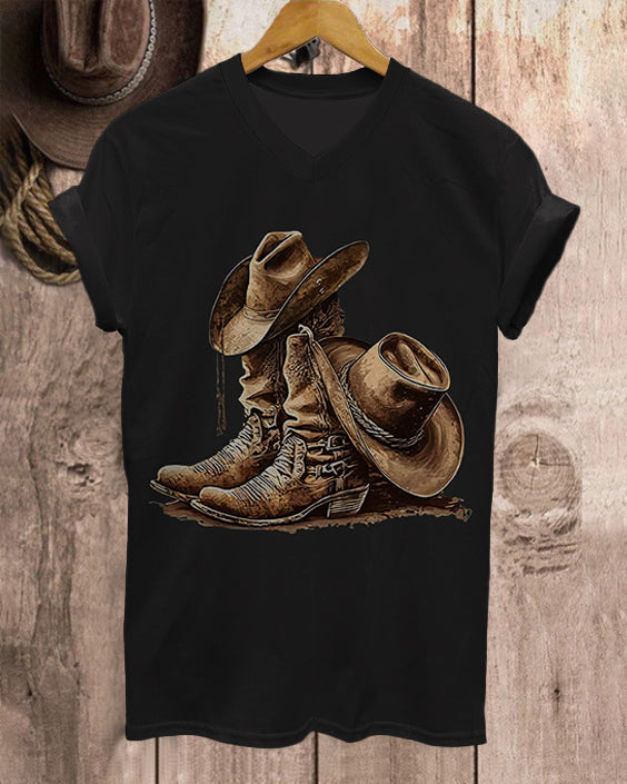 100% Cotton Western Style Boots V-neck Short Sleeve Tshirt